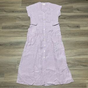 Poetry 4 Dress Purple Button Front Tie Back 100% Linen Cottagecore Pockets Lagen